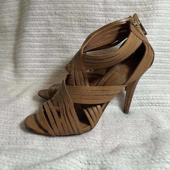 Tory Burch Liv Cage Gladiator Shoes Brown Leather Zipper Heels Open‎ Toe Size 8 - Picture 4 of 10